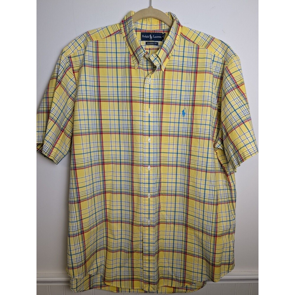 Ralph Lauren Classic Fit Shirt Men XL Yellow Plaid Short Sleeve Cotton Button Up